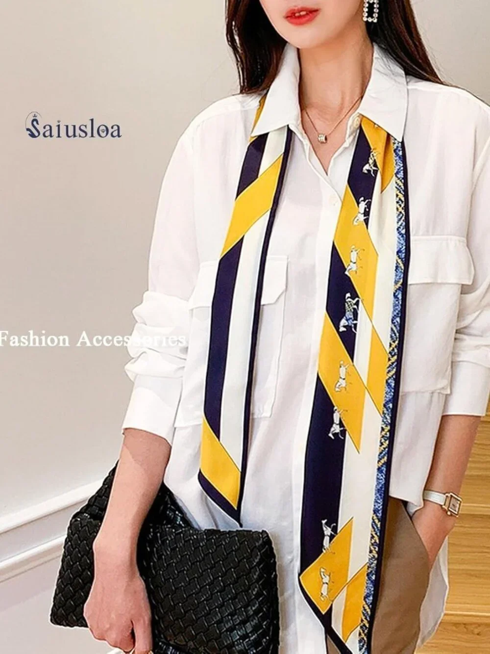 Women's Blue and White Pony Fashion Scarves Long Skinny Silky Hair Bags Scarf